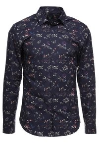 Long-sleeved shirt in dark navy with a floral print. Features a classic collar, button-up front, and slim fit. Made of smooth fabric.