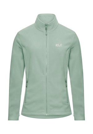 Veste en polaire vert menthe avec un col montant, une fermeture éclair intégrale, deux poches latérales et un petit logo blanc sur la poitrine gauche. Texture lisse.