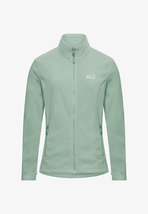 Veste en polaire vert menthe avec un col montant, une fermeture éclair intégrale, deux poches latérales et un petit logo blanc sur la poitrine gauche. Texture lisse.