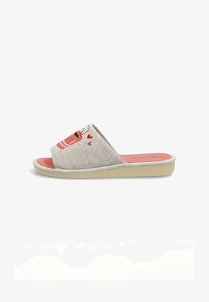 Zapatilla beige de dedo abierto con plantilla acolchada rosa y taza de café sonriente bordada con corazones en la correa superior.