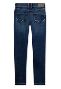 Mörkblå denimjeans med slim fit, med kontrasterande sömmar och två bakfickor med en distinkt V-formad design.