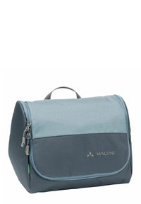 Neceser Vaude en tela azul y gris, con un asa en la parte superior, cierre con solapa frontal y un compartimento con cremallera con un acabado texturizado.