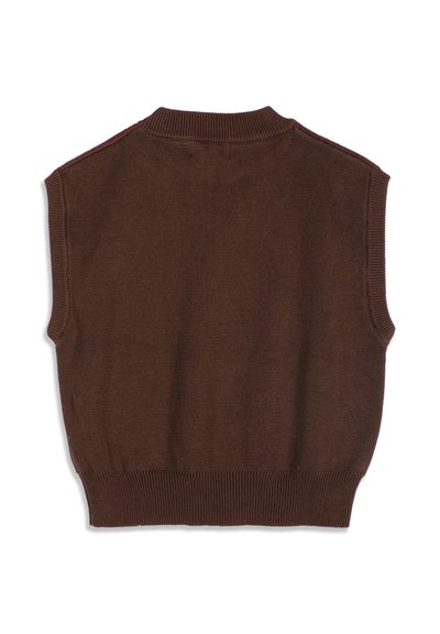 Veste tricotée marron sans manches avec ourlet, emmanchures et col côtelés, présentée à plat vue de dos sur fond blanc.