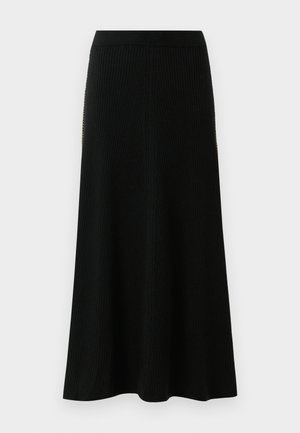 Black ribbed knit long skirt with a high waistband and subtle vertical texture, flaring gently towards the hem.