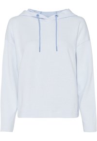 Haut à capuche bleu clair en tissu texturé, doté d'une capuche avec cordon de serrage, d'épaules tombantes et d'une coupe décontractée. Rayures horizontales visibles.