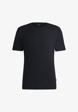 Melna īsām piedurknēm T-krekls, izgatavots no teksturētas auduma, ar apli formas kaklu un mazu logotipa birku apakšmalā.