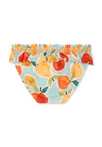 Costume da bagno inferiore con uno sfondo blu chiaro e motivi di frutta colorati, caratterizzato da una vita arricciata e un elastico allungato.