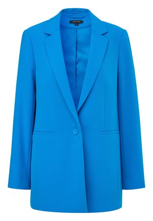 Bright blue tailored blazer with a single button, sharp lapels, and two front pockets. Made from smooth fabric with a sleek interior lining.