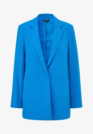 Jasnoniebieska dopasowana marynarka z pojedynczym guzikiem, wyrazistymi klapami i dwiema przednimi kieszeniami. Wykonana z gładkiego materiału z eleganckim wykończeniem wewnętrznym.