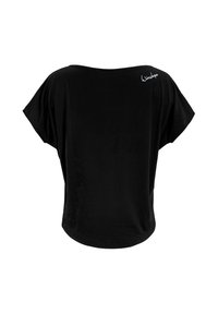 Black short-sleeve t-shirt with a loose fit and rounded neckline. Features a small white logo on the back. Soft cotton material.