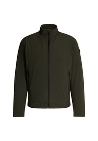 Giacca leggera verde oliva con colletto alto, chiusura con zip e due tasche laterali. Tessuto morbido, design minimalista e senza motivi visibili.