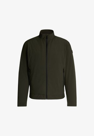 Olijfgroene lichtgewicht jas met een hoge kraag, een ritssluiting aan de voorkant en twee zijzakken. Gladde textuur, minimalistisch ontwerp en geen zichtbare patronen.