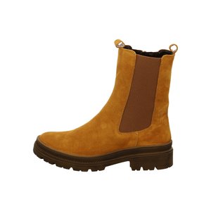 Tan suede Chelsea boot with brown elastic side panels and thick dark brown rubber sole with treaded bottom.