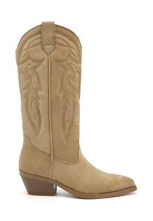 Botte de cowboy en daim beige avec coutures décoratives, bout pointu et talon empilé, vue de côté sur fond blanc.
