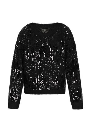 Zwarte trui met een volledig all-over paillettenontwerp, ronde hals, lange mouwen en een geribbelde zoom voor een textuurrijke afwerking.