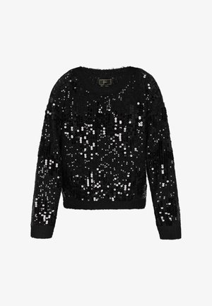 Czarny sweter z całościowym wzorem z cekinów, z okrągłym dekoltem, długimi rękawami oraz prążkowanym wykończeniem na dole dla teksturowanego efektu.