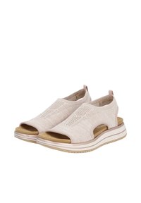 Light pink open-toe sandals with a knit upper, padded insole, and a white rubber sole. Features cut-out sides and a back pull tab for easy wear.