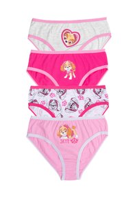 Quattro paia di mutandine di cotone per bambini in rosa e grigio. Le caratteristiche includono stampe di personaggi, dettagli a cuore e motivi vari.