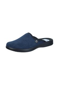 Scarpe slip-on di colore blu navy con tomaia in suede testurizzato, bordi neri a contrasto e suola imbottita per il massimo comfort. Nessuna ferramenta visibile o motivi.