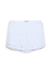 Shorts en dentelle blanche avec un motif géométrique, un ourlet festonné et une taille élastique lisse. L'étiquette indique "CALLIOPE."