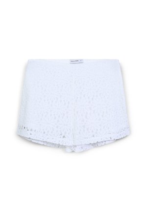 Pantaloni corti di pizzo bianco con un motivo geometrico, orlo a sottiletta e una cintura elastica liscia. L'etichetta riporta "CALLIOPE."