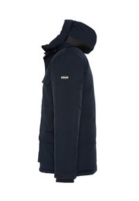 Chaqueta aislante azul marino con capucha, cierre de cremallera, bolsillos laterales y logo en el pecho. Tejido texturizado para mayor calor.