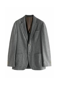 Blazer gris en mélange de laine avec un col cranté, deux poches avant et une fermeture à un bouton ; présente une texture en chevrons subtils et des boutons dorés.