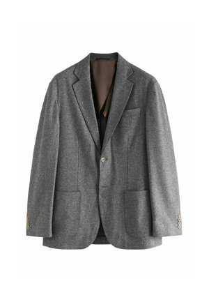 Grau melierter Blazer aus Wollmischung mit Reverskragen, zwei frontalen Taschen und einem Knopfverschluss; verfügt über eine subtile Fischgrätstruktur und goldfarbene Knöpfe.