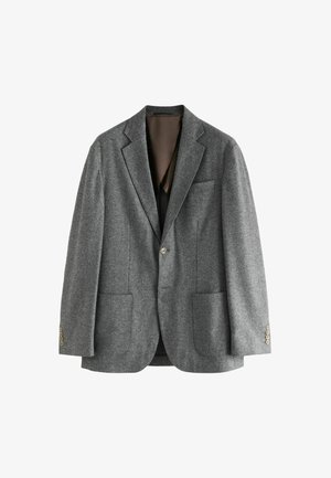 Gray wool-blend blazer with a notched lapel, two front pockets, and a single button closure; features subtle herringbone texture and gold-tone buttons.