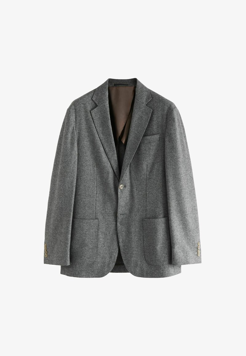 Blazer gris en mélange de laine avec un col cranté, deux poches avant et une fermeture à un bouton ; présente une texture en chevrons subtils et des boutons dorés.