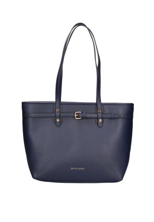 Sac fourre-tout en cuir bleu marine avec deux longues poignées, des accents en métal doré et un détail de boucle sur le dessus avec une finition texturée.