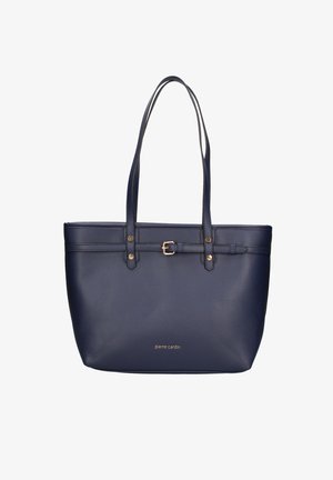 Donkerblauwe leren schoudertas met twee lange handvatten, gouden hardware accenten en een gespdetail aan de bovenkant met een gestructureerde afwerking.