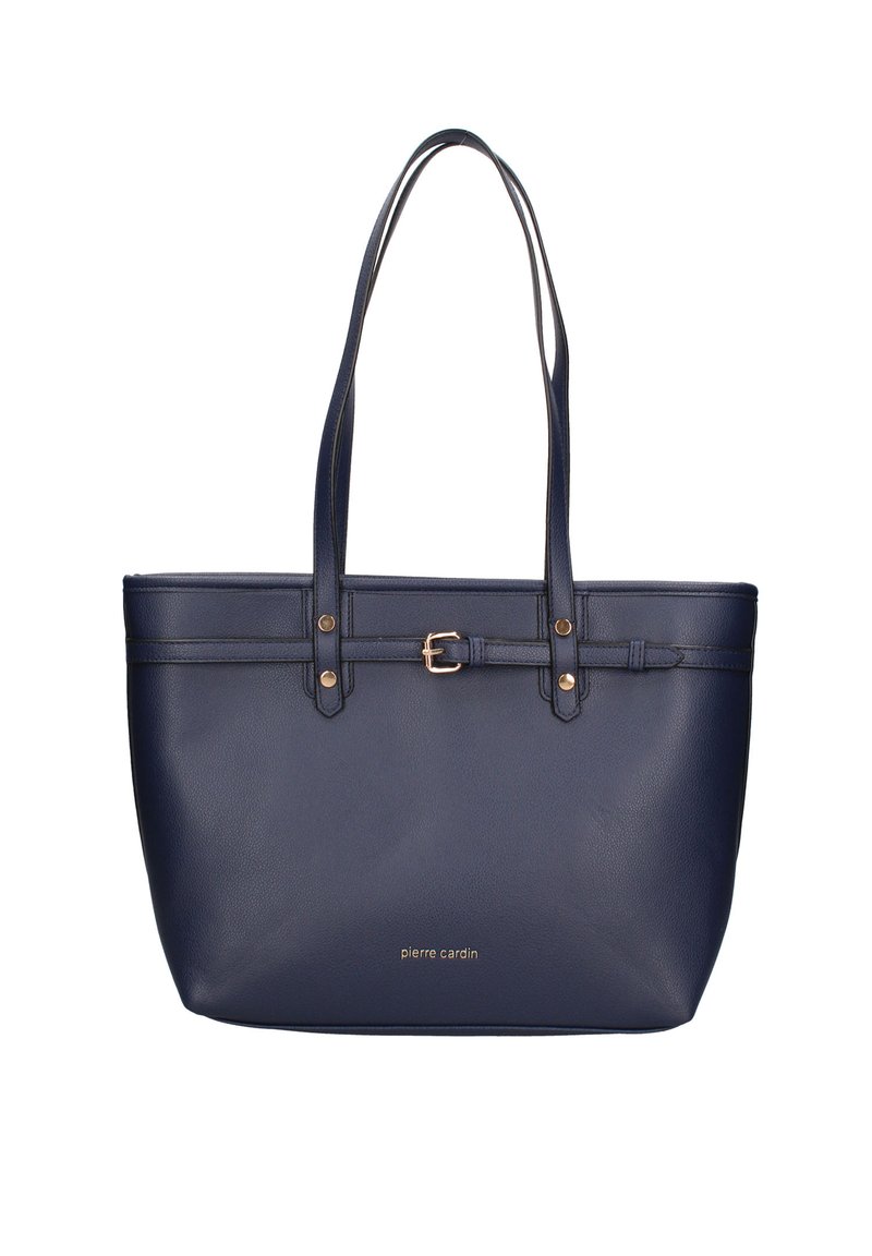Donkerblauwe leren schoudertas met twee lange handvatten, gouden hardware accenten en een gespdetail aan de bovenkant met een gestructureerde afwerking.