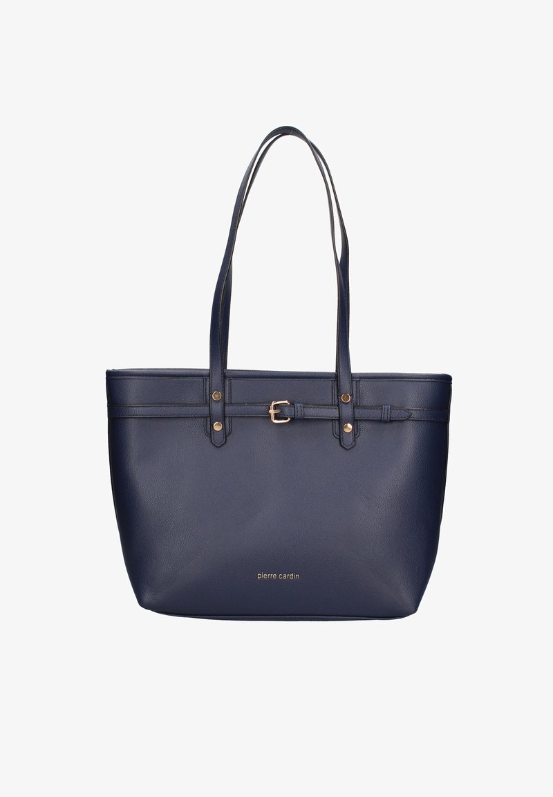 Donkerblauwe leren schoudertas met twee lange handvatten, gouden hardware accenten en een gespdetail aan de bovenkant met een gestructureerde afwerking.