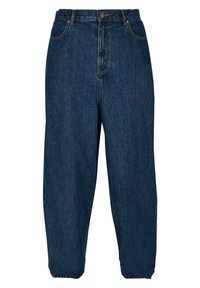 Pantalones de mezclilla azul oscuro con cintura alta, piernas anchas y puños elásticos. Presenta un cierre frontal con botón y un diseño clásico de cinco bolsillos.
