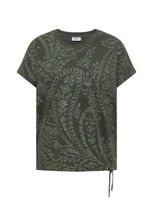 T-shirt manches courtes vert olive avec un imprimé floral paisley léger et un cordon ajustable à l'ourlet.