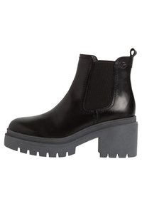 Czarne skórzane botki na kostkę z masywną szaro-skalną podeszwą i słupkiem, elastycznym panelem bocznym oraz pętelką z tyłu.