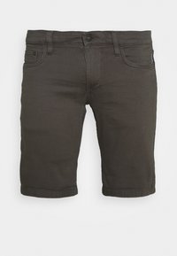 Pantalones cortos de mezclilla gris oscuro con corte recto, diseño de cinco bolsillos y dobladillos doblados. Presenta un cierre de botón único y pasadores para cinturón.