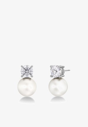 Sterling sudraba auskaru stīpiņas ar caurspīdīgu apaļu dārgakmeni virs baltās pērles, gluda tekstūra ar pulētu apdari.