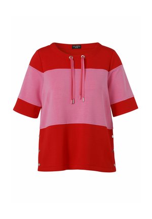 Kurzärmeliges rot-rosa Colorblock-Oberteil mit Rundhalsausschnitt, vorderem Kordelzug und Druckknöpfen an den Saumseiten.