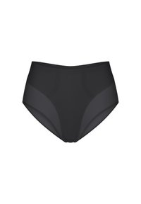 Slip nero a vita alta con una texture liscia, caratterizzato da un motivo a zigzag e pannelli laterali curvi, progettato per comfort e copertura.