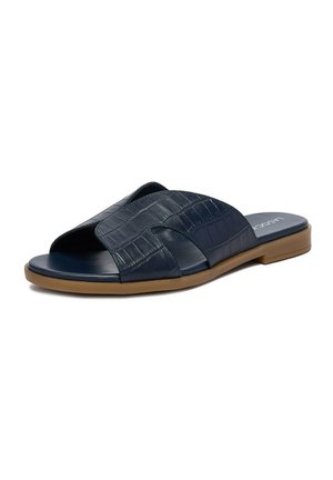 Marineblaue Slide-Sandale mit Krokodiltextur oberer Teil und beige flache Sohle, offenem Zehenbereich und rückenlosem Design.