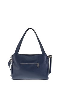 Navy blauwe leren handtas met een textuurafwerking, voorzien van een ritsvak aan de voorkant, twee schouderbanden en een afneembare schouderriem.