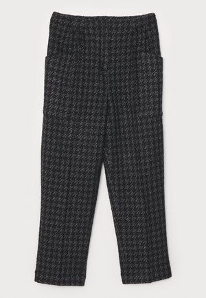 Black textured pants featuring a houndstooth pattern, straight leg cut, elastic waistband, and two side pockets.