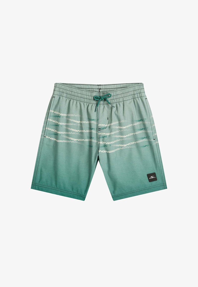 Grønne badebukser med gradient og diagonale O'Neill-logo striber, justerbar snor i livet og sidelommer.