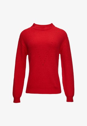 Czerwona wełniana sweter z wysokim kołnierzem, charakteryzujący się prążkowaną fakturą i wzorem w kształcie litery V. Długie rękawy z dopasowanymi mankietami.