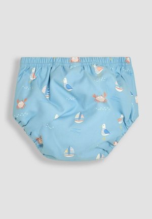 Blauw zwemluier met een patroon van meeuwen, krabben en zeilboten. Elastische tailleband met geplooide textuur. Lichte stof.