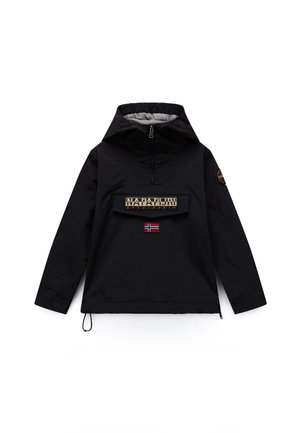 Sort Napapijri hættetrøje med halv lynlås, frontlomme med klap, logopatch og norsk flagemblem på brystet.