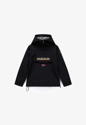 Schwarze Napapijri Kapuzenjacke mit halbhohem Reißverschluss, Klappentasche vorne, Logopatch und norwegischem Flaggenemblem auf der Brust.