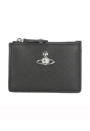 Porta carte in pelle nera testurizzata con cerniera superiore e logo a sfera argentata al centro sul davanti.